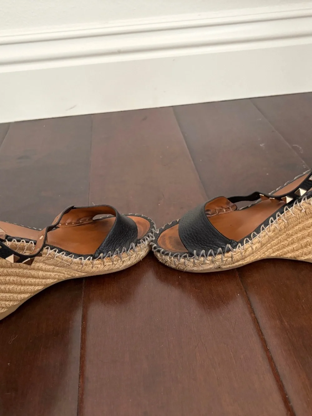 Valentino Garavani Black Leather Studded Espadrille Wedges